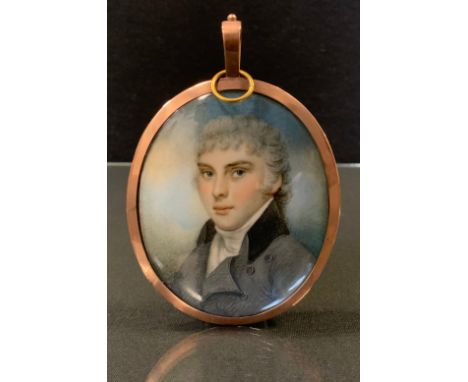 English School, early 19th century,  a portrait miniature, of a gentleman, head and shoulders, wearing a grey coat and white 