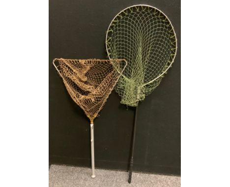 A vintage folding landing net, possibly Hardy, shaped arms, telescopic aluminium handle, stamped Reg No 777681, Made in Great