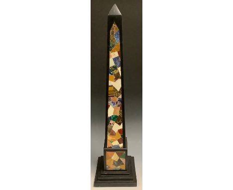 A pietra dura library obelisk, inlaid in the manner of Ashford marble with malachite, lapis lazuli, amethyst and specimen sto