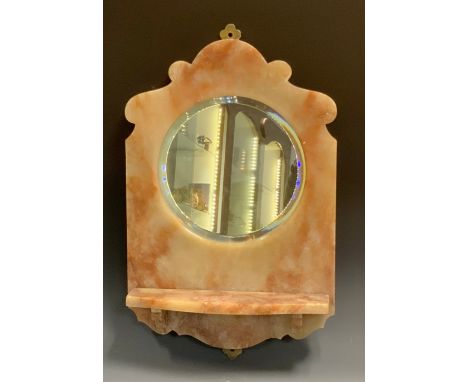 A 19th century alabaster mirror, oval bevelled pane, shaped cresting, with single shelf, 52cm high, 34cm wide, late 19th cent