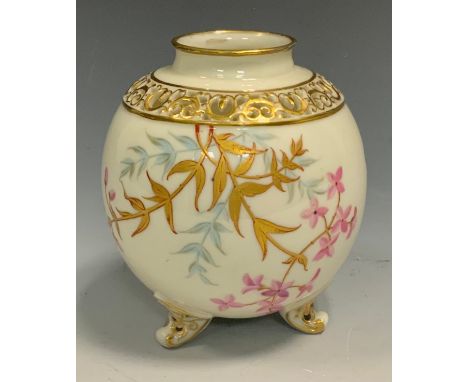 A Worcester globular vase, decorated with butterflies and leafy branches, pierced rim, scroll feet, 10cm high, printed mark, 