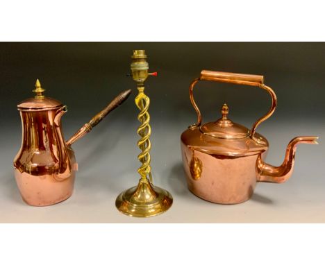 A Victorian copper kettle, acorn finial, 28cm high, c.1860;  a copper coffee pot, off set handle, 28.5cm high;  a brass open 