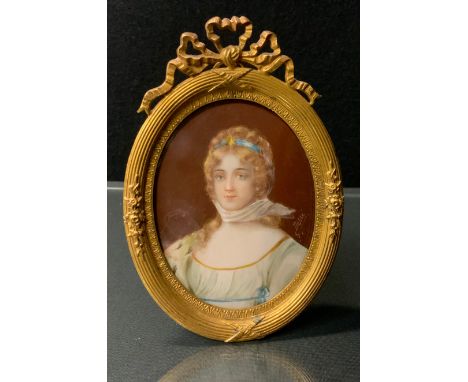 English School, 19th century, a portrait miniature, of a Diana, watercolour on ivory, oval, 8.75cm x 6.5cm, ribbon tied reede