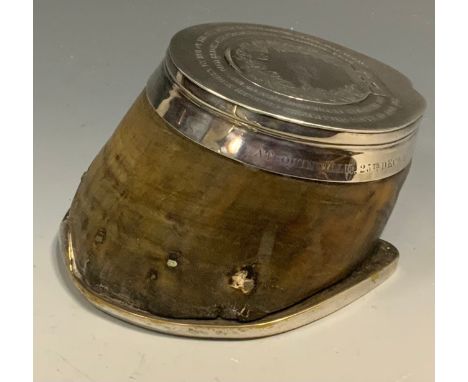 A 19th century silver mounted horse hoof inkwell, inscribed The Hoof of Major Singleton's Charge, Ridden By Him on the Memora