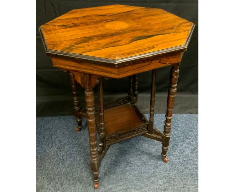 A Victorian rosewood occasional table, the hexagonal top inlaid with batwing patera,  square galleried under-tier shelf, ring