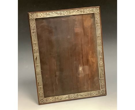 A large Continental silver and rosewood rectangular easel photograph frame, the pierced mounts with square bosses to angles, 
