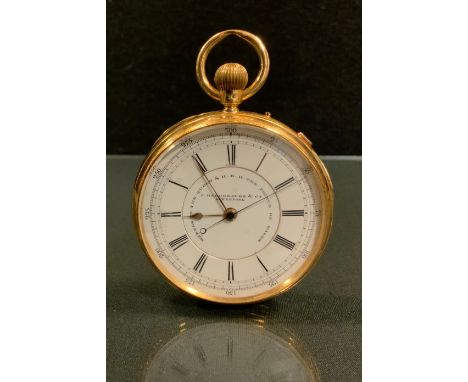 A J Hargreaves &amp; Co, Liverpool, 18ct gold cased open face pocket watch, white enamel dial, signed makers to the Queen and