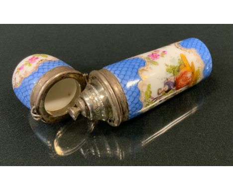 A French  silver and enamel cylindrical scent bottle, painted in polychrome with a courting couple, scale blue ground, hinged