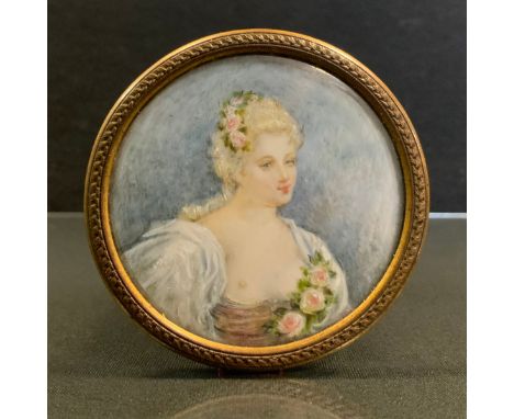 English School. 19th century, a portrait miniature, of a young lady, rose chaplet in her hair, 6cm diamThis item has been reg