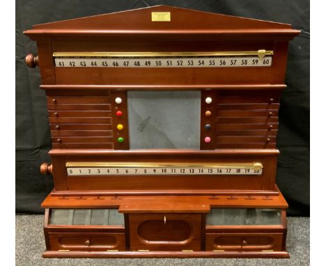 A Snooker/billiards score board, with two rolling number, slide colours, fitted base with central cupboard, glazed compartmen