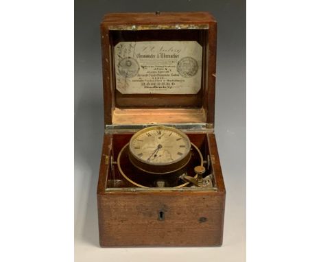 A 19th century ship's gimbal marine chronometer/watch, the silvered dial inscribed Tiede, Berlin,  subsidiary seconds dial, m