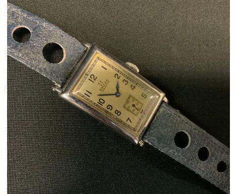 Omega - a 1930s rectangular tank cased wristwatch, silvered dial, Arabic numerals, subsidiary seconds, blued hands, manual wi