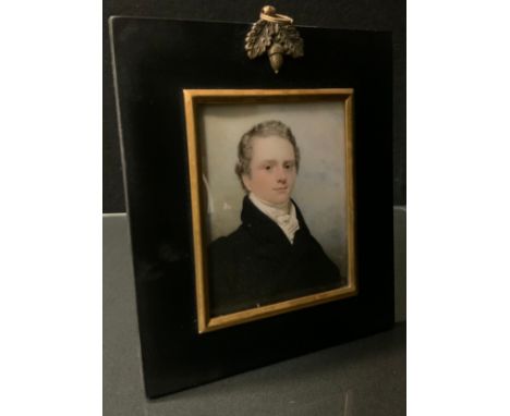 English School, 19th century, a portrait miniature, of a gentleman, wearing a white stock and black overcoat, rectangular, wa