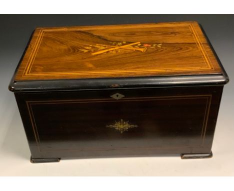 A large 19th century Swiss rosewood and marquetry rounded rectangular bells in sight orchestral music box, 17.5cm cylinder pl