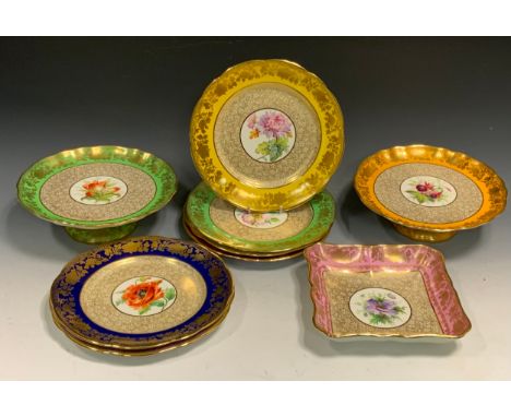 A Hammersley Botanical part dessert service, each with central flower within a gilt flower border, banded in colours, compris