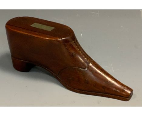A 19th century rosewood novelty snuff box, as a shoe, c.1840decorated with brass pinwork, sliding cover, 15cm long 