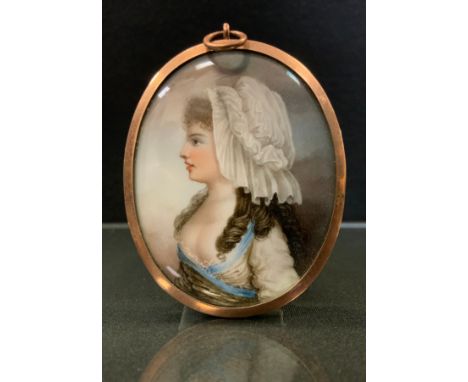 English School (19th century), a portrait miniature, of a lady, half length, wearing a cotton bonnet, blue strap and white dr