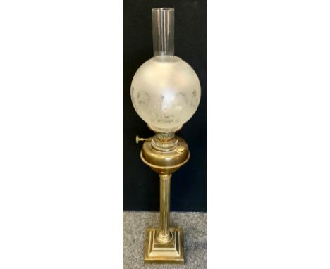 An early 20th century brass and copper oil lamp, fluted column, stepped square base, frosted globular shaped, 77cm high, c.19