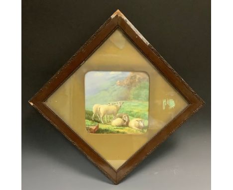 An early 20th century ceramic plaques, painted by J Willshaw, dated 1917, sheep, resting and standing, 21cm square, framed 