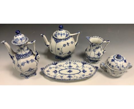 Royal Copenhagen tea ware - comprising ribbed hexagonal teapot and cover, coffee pot and cover, milk jug, sucrier and cover, 