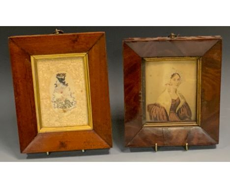 English School, a Victorian portrait, of a lady wearing a lace bonnet, 11cm x 10cm, mahogany frame;  a Victorian embroidered 