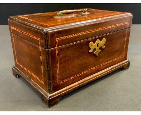 A George II mahogany rectangular tea caddy, hinged cover with brass swan neck handle, enclosing three compartments and a spoo