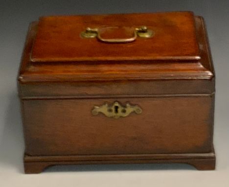 A George II mahogany tea caddy, pagoda top, swan neck handle, bracket feet, the interior with three sections, 16cm high, 24cm