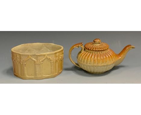 A 19th century S. &amp; H. Briddon, Brampton brown salt glazed stoneware fluted bachelors teapot and cover, flower finial, 9c