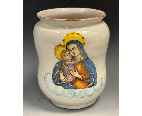 A South European maiolica albarello drug jar, painted in polychrome with Madonna and Child, 21.5cm high 