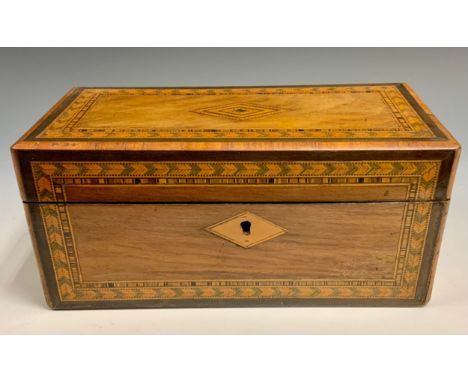 A Victorian rectangular Tunbridge and walnut tea caddy, inlaid with lozenge and  feathered banding, the interior with two com