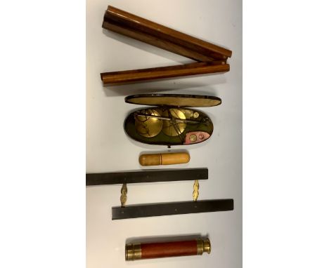 A 19th century two draw brass and mahogany telescope, 22.5cm long, c1870;   a set of  19th century balance scales and weights