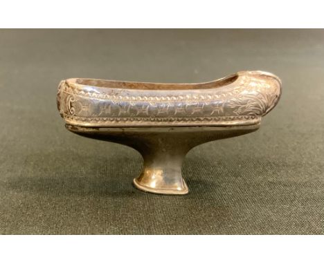 A novelty Chinese silver coloured metal pin cushion, as a slipper shoe, SHAN Ji of Canton and character marks, 27mm high, 48m