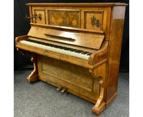 A R Gors and Kallmann of Berlin, burr walnut cased upright piano, iron frame. with candle sconcesThis item has been registere