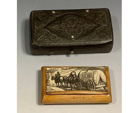 An unusual 19th century sycamore snuff box, the hinged cover decorated with an American Civil War military ambulance wagon, 8