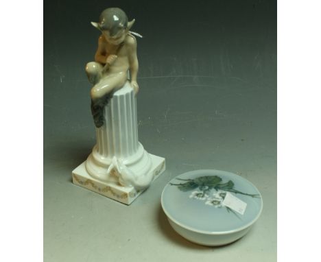 A Royal Copenhagen figure, Faun with Squirrel, 456, 21cm high; another, circular trinket box and cover (2)