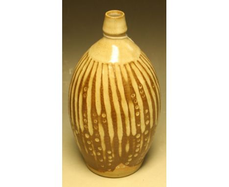 A salt glazed reeded ovoid lamp base, by Marianne de Trey, incised decoration as fronds of seaweed with rising bubbles, in br