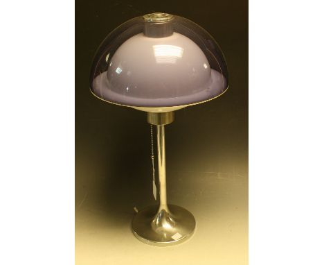 A mid 20th century Lumitron table lamp, designed by Robert Welch, the mushroom shaped shade in purple and opaque white perspe