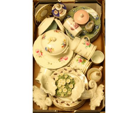 A quantity of 19th century and later ceramic items, including commemorative mugs; Derby plates; Spode plates, continental jar