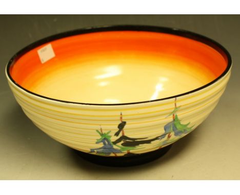 A Clarice Cliff Bizarre Pine Grove pattern ribbed circular bowl, banded in black and orange, the exterior painted with tall t