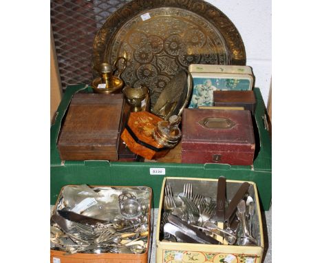 Boxes and Objects - a brass novelty shoe pin cushion roller boot box; a brass charger; a leather jewellery box; other wooden 