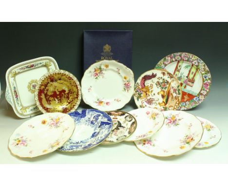 A Royal Crown Derby Red Aves Heraldic Border pattern plate; an Olde Avesbury pattern plate, 21cm diam; other plates, various 