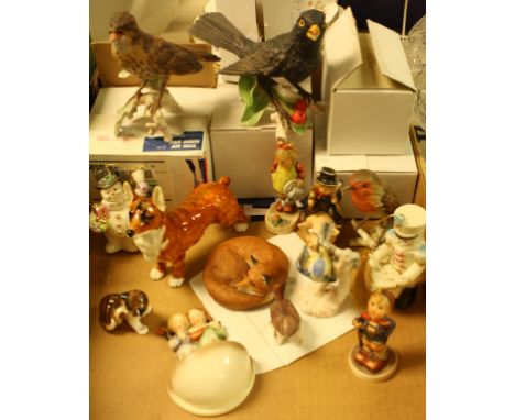 Ceramics - a Goebel study, of a Blackbird; others, Thrush, Robin, Blue Tit, Wren; similar models, including Corgi dog, kitten