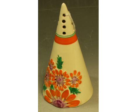 A Clarice Cliff Bizarre Marguerite pattern conical sugar caster, moulded in low relief and painted with bright orange flowers