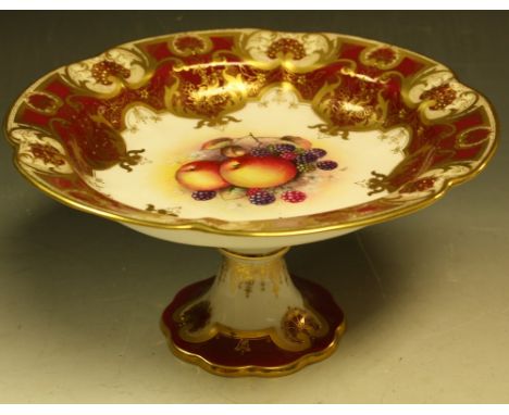 A Royal Worcester shaped comport, painted by Nixon, signed, with ripe apples and blackberries, within fancy gilt cartouche, t