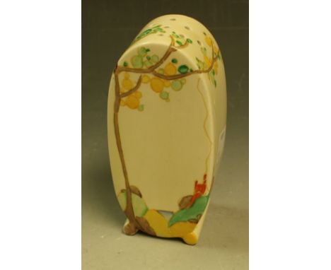 A Clarice Cliff Bizarre Secrets pattern Bonjour sugar caster, painted with tall tree and orange roof cottage with trail of sm