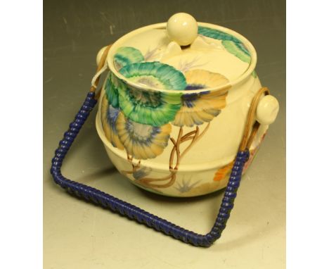 A Clarice Cliff Bizarre Viscaria pattern biscuit barrel and cover, printed Wilkinson factory mark, c.1920