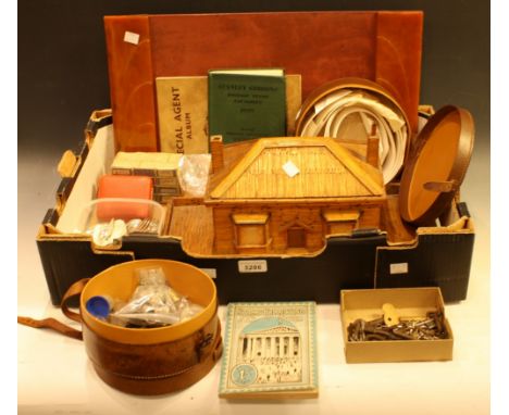 Boxes and Objects - a scratchbuilt match stick model of a cottage; an Art Deco desk blotter by Carvacraft; a leather collar b