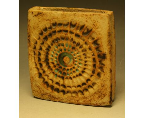 A stoneware slab sided vase, by Alan Wallwork, impressed with a sunburst motif, in green and brown tones, 16.5cm high, inscri