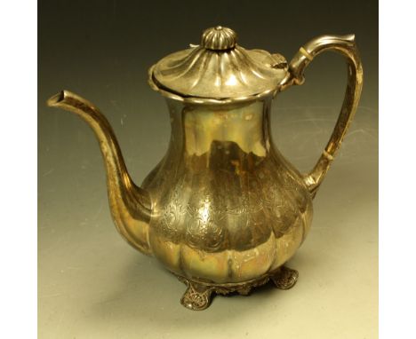 A 19th century style silver lobed ovoid coffee pot, domed cover with knop finial, loop handle, engraved with anthemion swags,