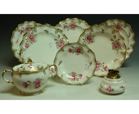 A set of five Royal Crown Derby Royal Pinxton Roses pattern desert plates; others, similar, a sucrier, side plate and table l